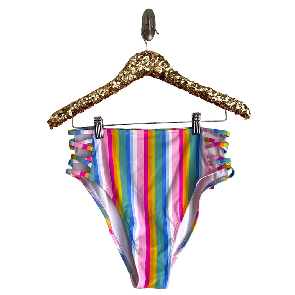 NWT Xhilaration Strappy High Leg High Waist Bikini Bottom Bright Rainbow Stripe